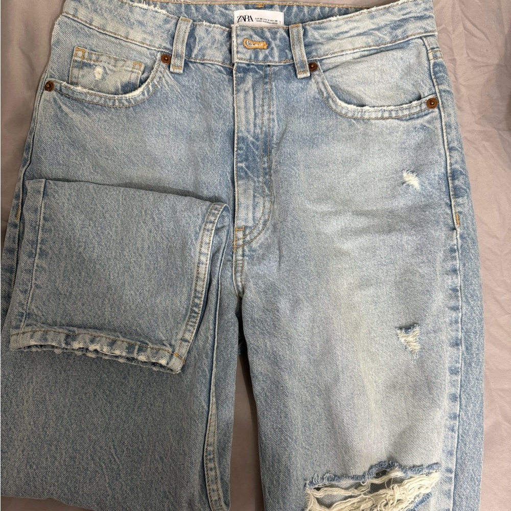 Zara Vintage Wash Relaxed Ripped Denim